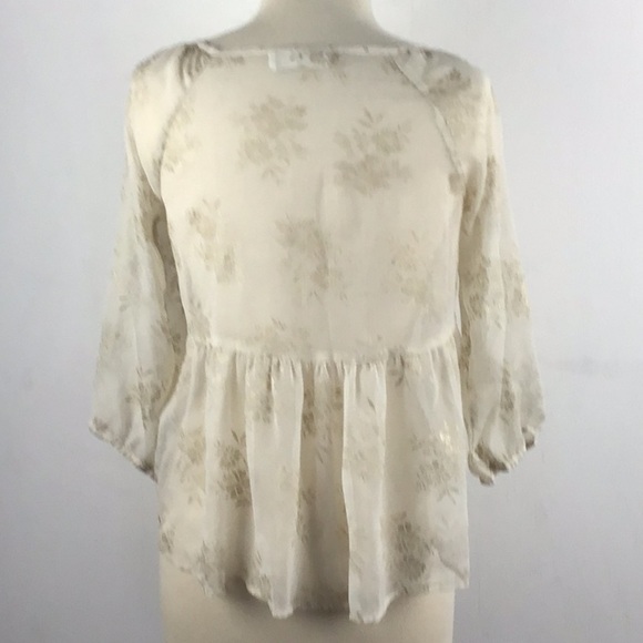 Abercrombie & Fitch boho sheer babydoll puff sleeve gold print blouse sz small. - Picture 4 of 9
